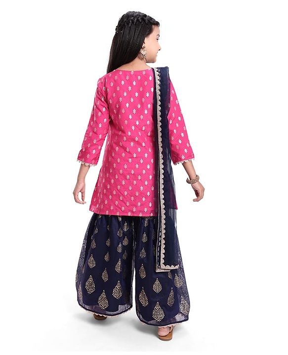 Pine Kids  Woven Three Fourth Sleeves  Foil Printed Kurta Gharara &  Dupatta Set with Embroidered Detailing - Dark Pink