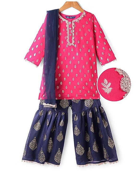 Pine Kids  Woven Three Fourth Sleeves  Foil Printed Kurta Gharara &  Dupatta Set with Embroidered Detailing - Dark Pink