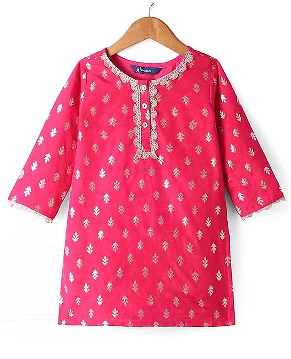 Pine Kids  Woven Three Fourth Sleeves  Foil Printed Kurta Gharara &  Dupatta Set with Embroidered Detailing - Dark Pink