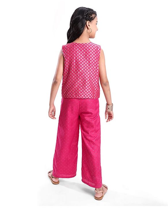 Pine Kids Woven Sleeveless Jumpsuit & Jacket Indo Western Sets with Checkered Embroidery & Polka Dot Foil Print - Dark Pink