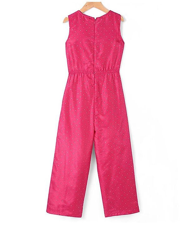 Pine Kids Woven Sleeveless Jumpsuit & Jacket Indo Western Sets with Checkered Embroidery & Polka Dot Foil Print - Dark Pink