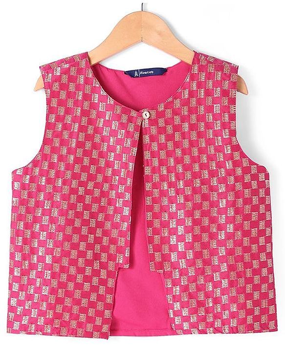 Pine Kids Woven Sleeveless Jumpsuit & Jacket Indo Western Sets with Checkered Embroidery & Polka Dot Foil Print - Dark Pink