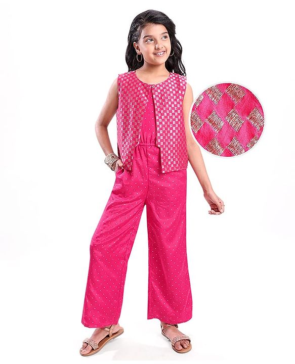 Pine Kids Woven Sleeveless Jumpsuit & Jacket Indo Western Sets with Checkered Embroidery & Polka Dot Foil Print - Dark Pink