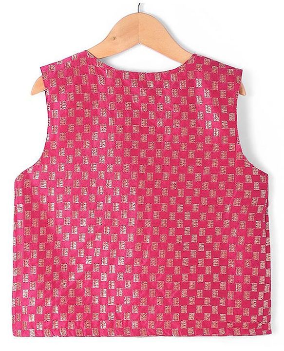 Pine Kids Woven Sleeveless Jumpsuit & Jacket Indo Western Sets with Checkered Embroidery & Polka Dot Foil Print - Dark Pink