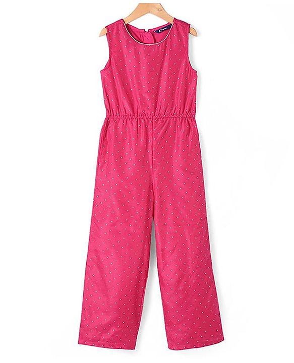 Pine Kids Woven Sleeveless Jumpsuit & Jacket Indo Western Sets with Checkered Embroidery & Polka Dot Foil Print - Dark Pink