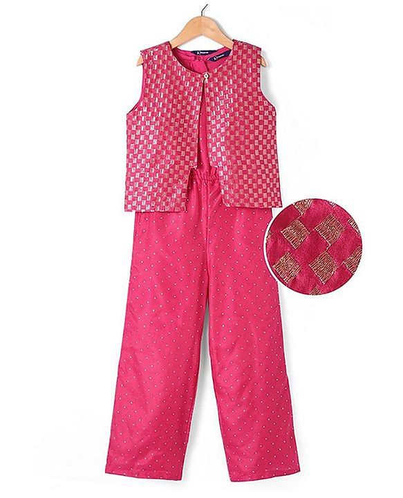 Pine Kids Woven Sleeveless Jumpsuit & Jacket Indo Western Sets with Checkered Embroidery & Polka Dot Foil Print - Dark Pink