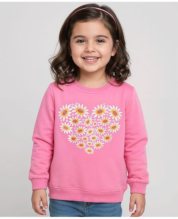 Babyhug Cotton Knit Full Sleeves Sweatshirt with Floral Heart Print - Pink