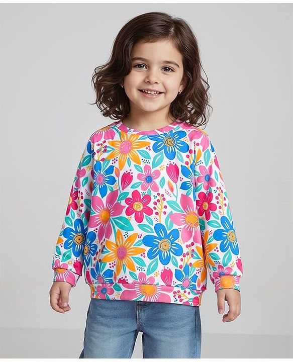 Babyhug Cotton Knit Full Sleeves Sweatshirt with Floral Print - White