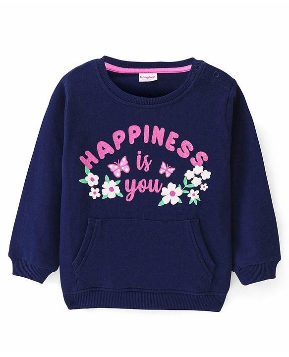 Babyhug Cotton Knit Full Sleeves Sweatshirt With Glitter Text Print - Navy Blue