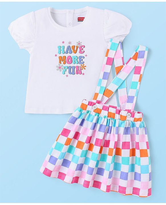 Babyhug Cotton Knit Half Sleeves Text Printed Top & Checkered Skirt With Suspender - Multicolor