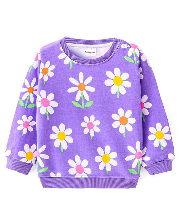 Babyhug Cotton Knit  Full Sleeves Sweatshirt with Floral Print - Purple