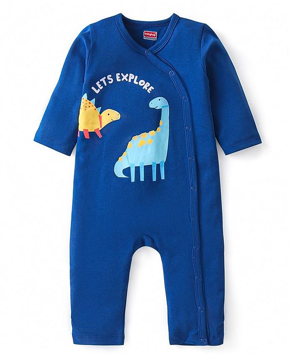 Babyhug 100% Cotton Knit Full Sleeves Romper with Dino Print Pack of 2 - Blue & White