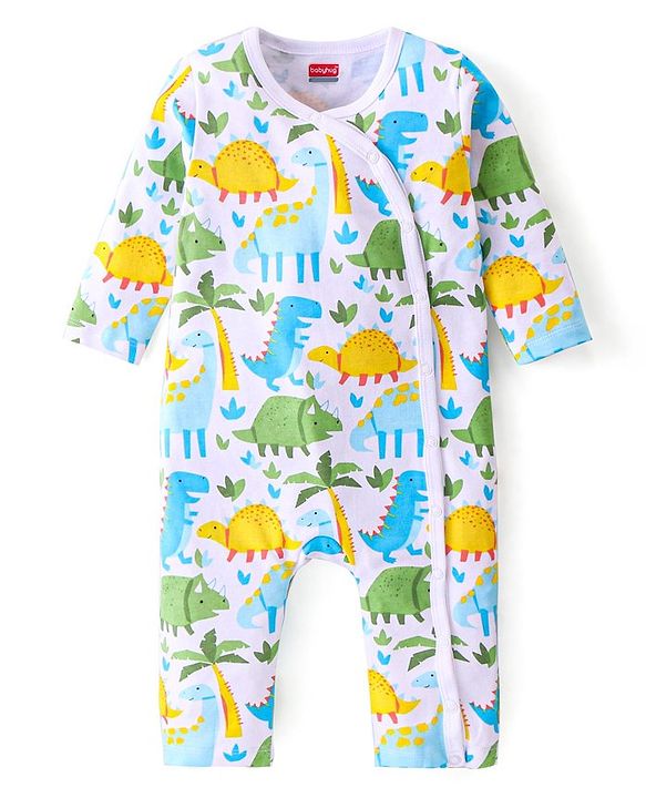 Babyhug 100% Cotton Knit Full Sleeves Romper with Dino Print Pack of 2 - Blue & White
