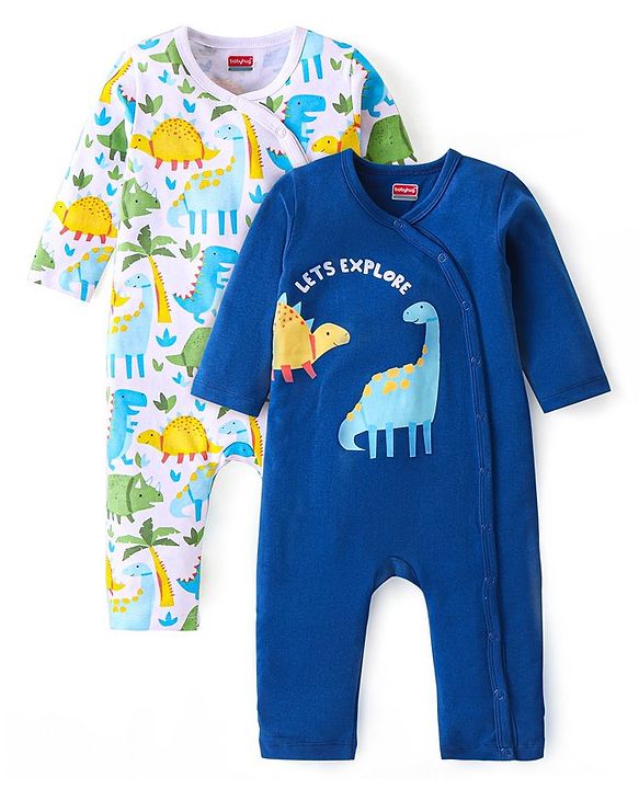 Babyhug 100% Cotton Knit Full Sleeves Romper with Dino Print Pack of 2 - Blue & White