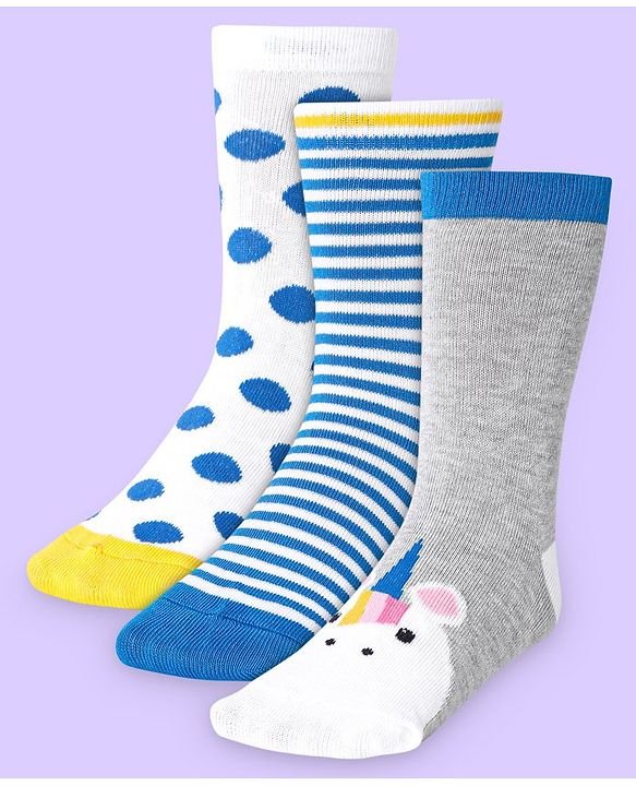 Cute Walk by Babyhug Knit Antibacterial Ankle Length Socks With Polka Dot & Unicorn Print Pack of 3 - White Blue & Grey