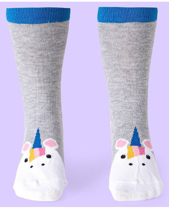 Cute Walk by Babyhug Knit Antibacterial Ankle Length Socks With Polka Dot & Unicorn Print Pack of 3 - White Blue & Grey