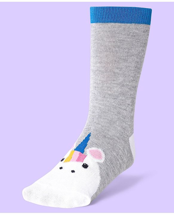 Cute Walk by Babyhug Knit Antibacterial Ankle Length Socks With Polka Dot & Unicorn Print Pack of 3 - White Blue & Grey