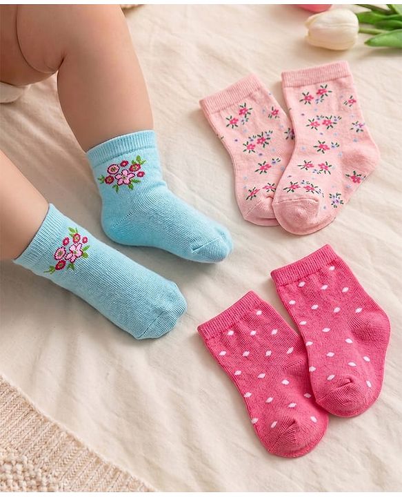 Cute Walk by Babyhug Ankle Length Socks With Floral & Polka Dot Design Pack of 3 - Dark Pink Blue & Pink