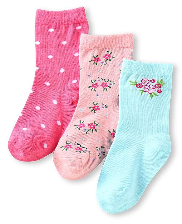 Cute Walk by Babyhug Ankle Length Socks With Floral & Polka Dot Design Pack of 3 - Dark Pink Blue & Pink