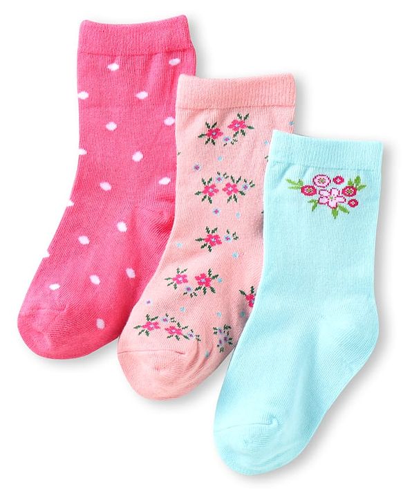 Cute Walk by Babyhug Ankle Length Socks With Floral & Polka Dot Design Pack of 3 - Dark Pink Blue & Pink
