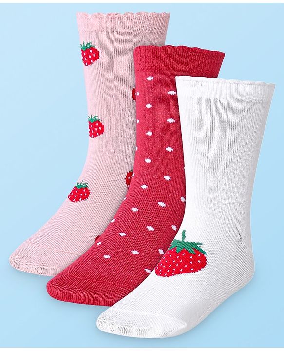 Cute Walk by Babyhug Cotton Lycra Knit Anti-bacterial Socks Polka Dots & Strawberry Design Pack of 3 - Pink White & Red