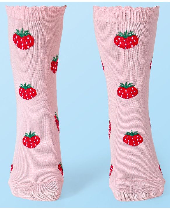 Cute Walk by Babyhug Cotton Lycra Knit Anti-bacterial Socks Polka Dots & Strawberry Design Pack of 3 - Pink White & Red