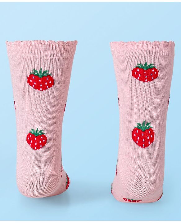 Cute Walk by Babyhug Cotton Lycra Knit Anti-bacterial Socks Polka Dots & Strawberry Design Pack of 3 - Pink White & Red