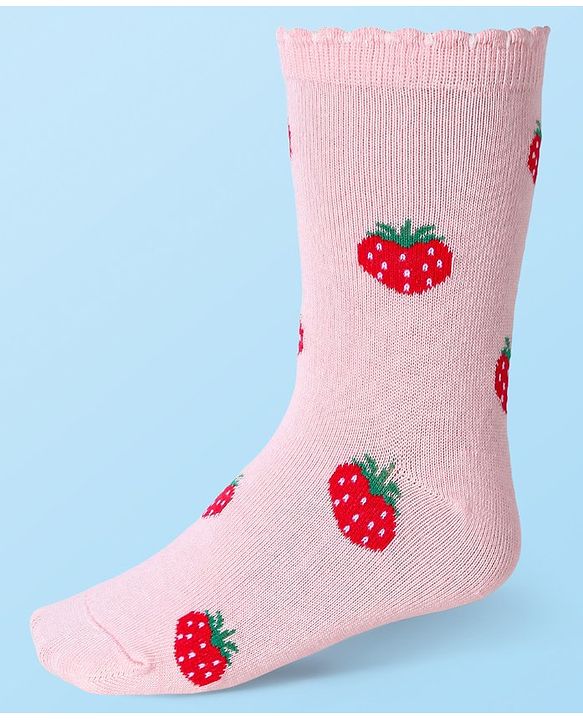 Cute Walk by Babyhug Cotton Lycra Knit Anti-bacterial Socks Polka Dots & Strawberry Design Pack of 3 - Pink White & Red