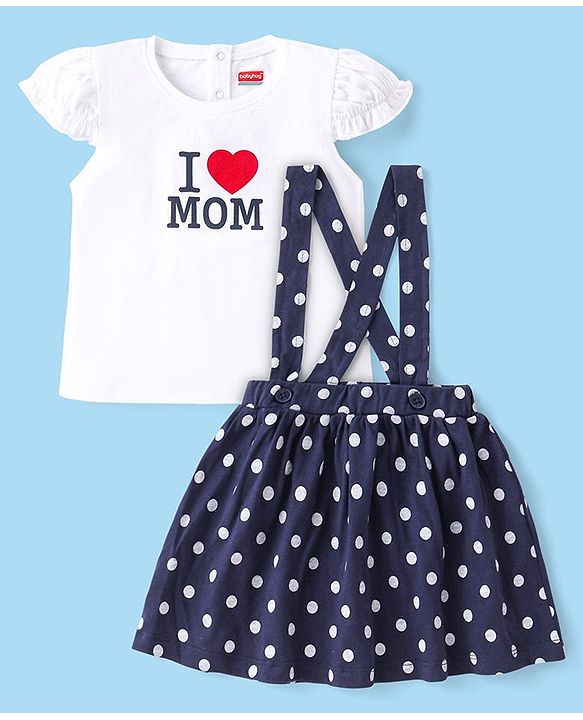 Babyhug Cotton Knit Cap Sleeves Top & Polka Dots Printed Skirt With Suspender - Navy & White