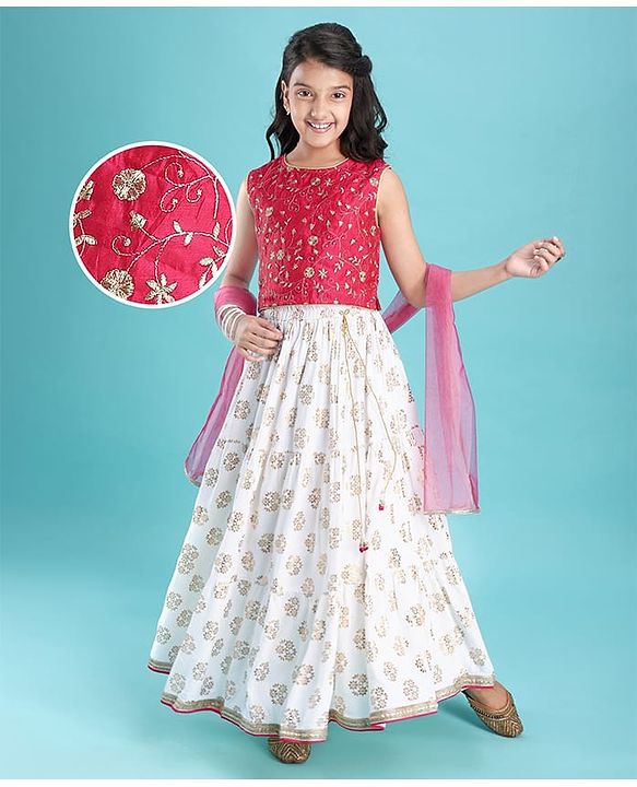 Pine Kids Woven Sleeveless Floral Embroidered Choli & Lahenga Dupatta Set With Floral Foil Print - White & Dark Pink