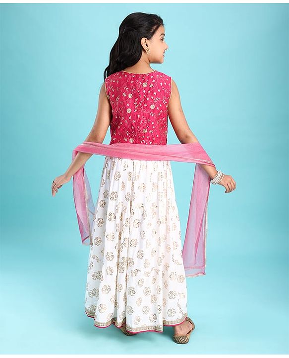 Pine Kids Woven Sleeveless Floral Embroidered Choli & Lahenga Dupatta Set With Floral Foil Print - White & Dark Pink