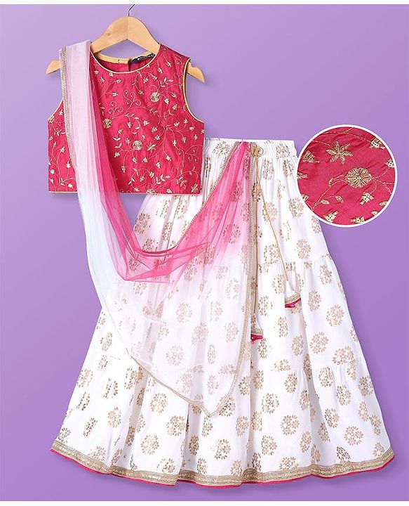 Pine Kids Woven Sleeveless Floral Embroidered Choli & Lahenga Dupatta Set With Floral Foil Print - White & Dark Pink
