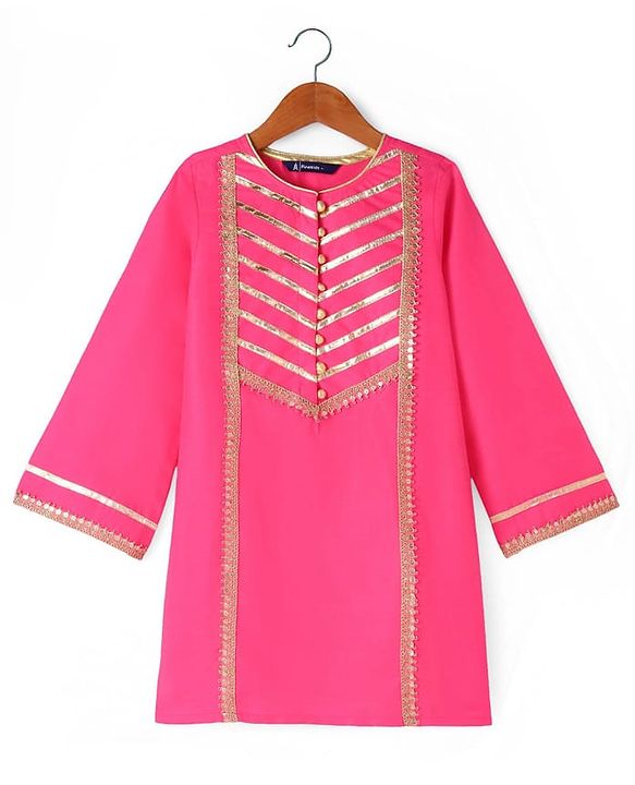 Pine Kids Woven Full Sleeves Kurti Patiala & Dupatta Set with Foil Print & Lace Detailing - Pink