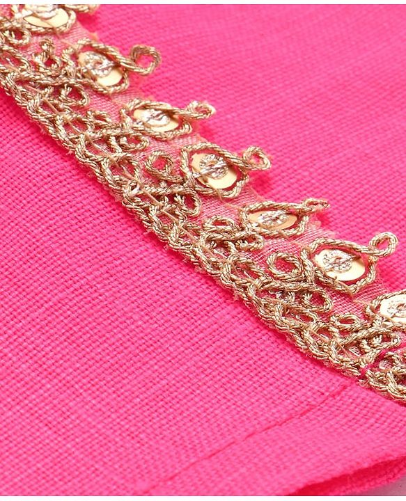 Pine Kids Woven Full Sleeves Kurti Patiala & Dupatta Set with Foil Print & Lace Detailing - Pink