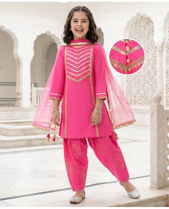 Pine Kids Woven Full Sleeves Kurti Patiala & Dupatta Set with Foil Print & Lace Detailing - Pink