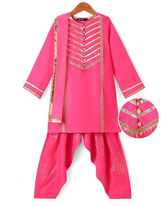 Pine Kids Woven Full Sleeves Kurti Patiala & Dupatta Set with Foil Print & Lace Detailing - Pink