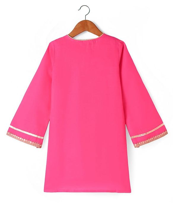 Pine Kids Woven Full Sleeves Kurti Patiala & Dupatta Set with Foil Print & Lace Detailing - Pink