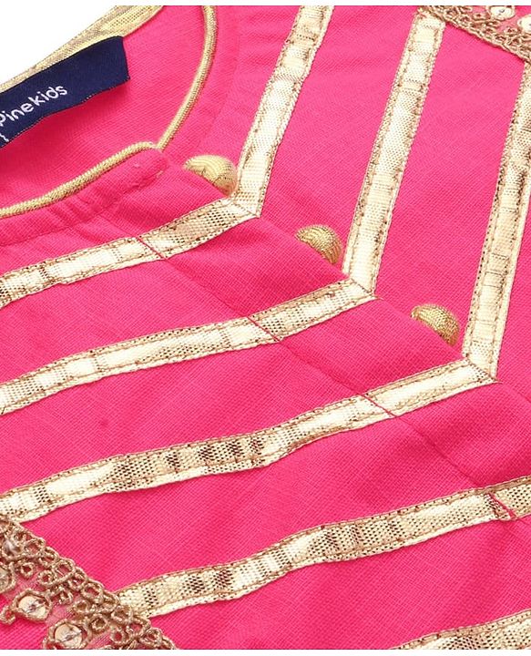 Pine Kids Woven Full Sleeves Kurti Patiala & Dupatta Set with Foil Print & Lace Detailing - Pink