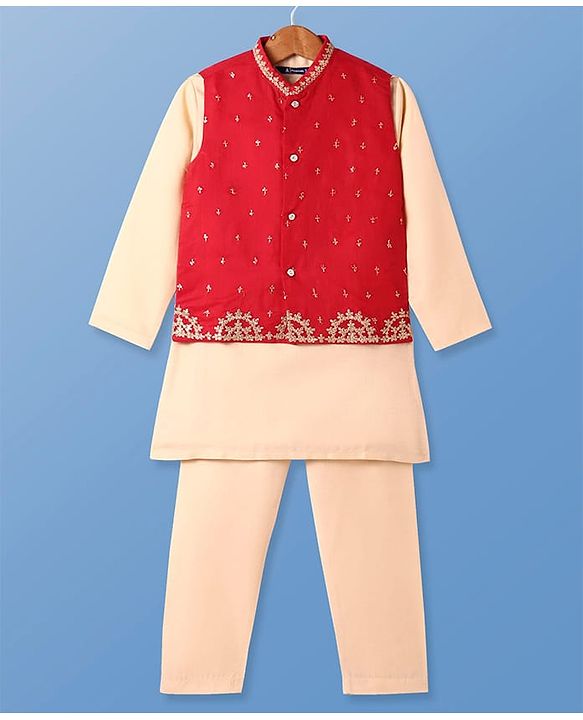 Pine Kids Woven Full Sleeves Solid Kurta Pyjama Set with Embroidered Jacket - Red