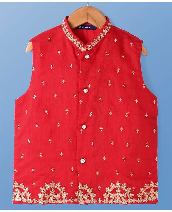 Pine Kids Woven Full Sleeves Solid Kurta Pyjama Set with Embroidered Jacket - Red