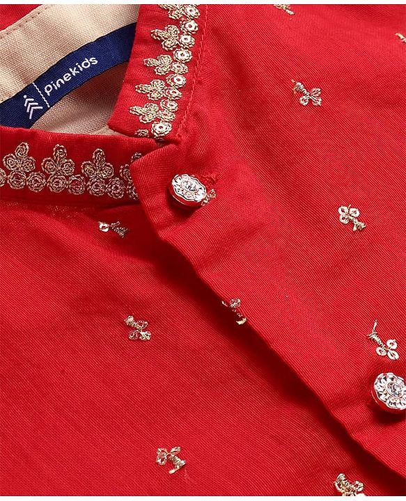 Pine Kids Woven Full Sleeves Solid Kurta Pyjama Set with Embroidered Jacket - Red