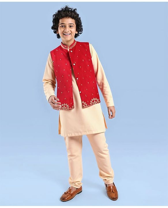 Pine Kids Woven Full Sleeves Solid Kurta Pyjama Set with Embroidered Jacket - Red