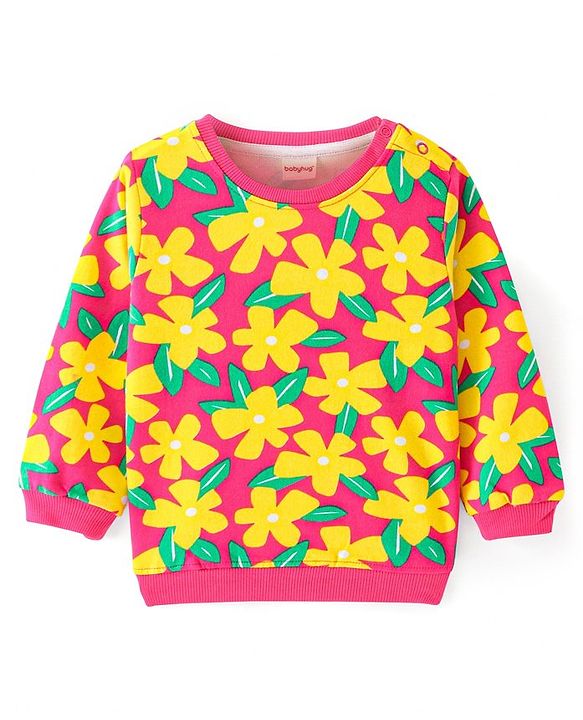 Babyhug Cotton Knit Full Sleeves Sweatshirt With Floral Print - Pink