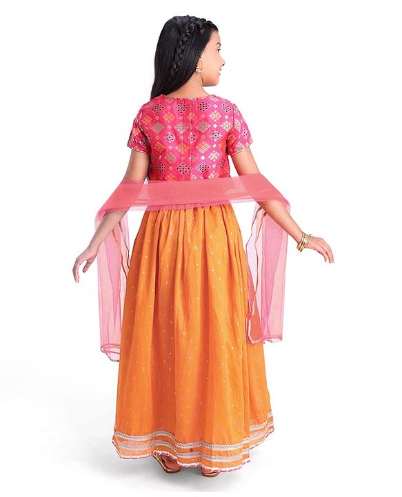 Pine Kids Woven Half Sleeves  Embroidered Choli Lahenga set With Dupatta - Dark Orange