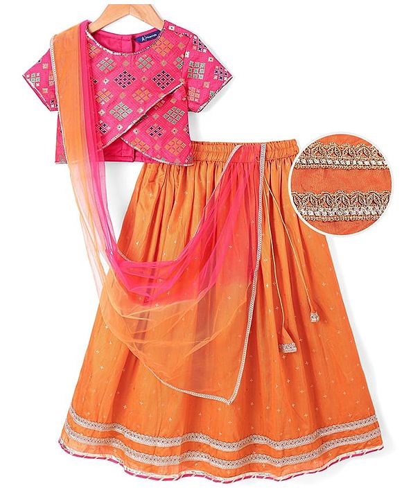 Pine Kids Woven Half Sleeves  Embroidered Choli Lahenga set With Dupatta - Dark Orange