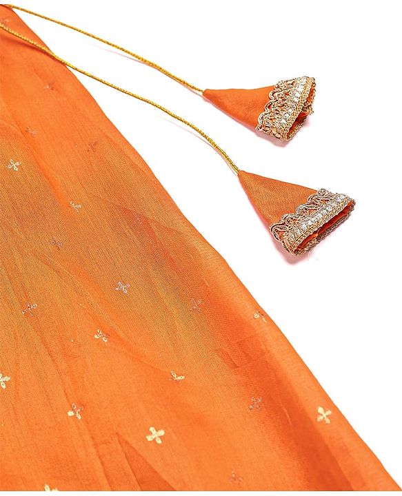 Pine Kids Woven Half Sleeves  Embroidered Choli Lahenga set With Dupatta - Dark Orange