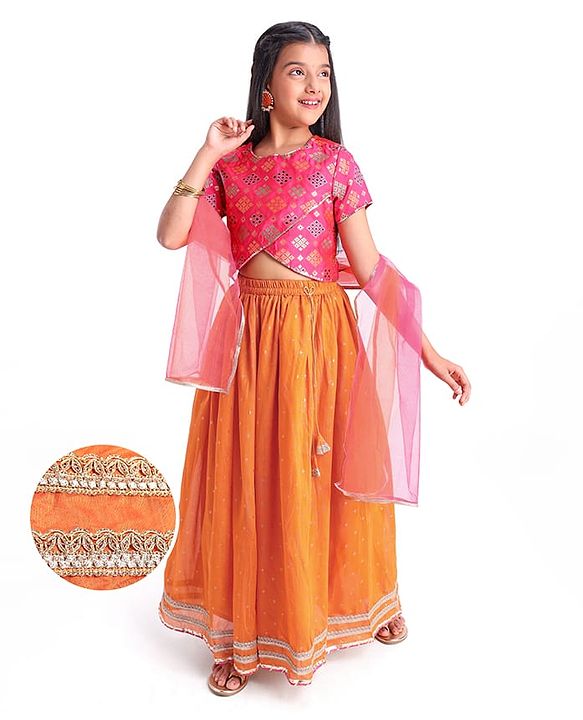 Pine Kids Woven Half Sleeves  Embroidered Choli Lahenga set With Dupatta - Dark Orange