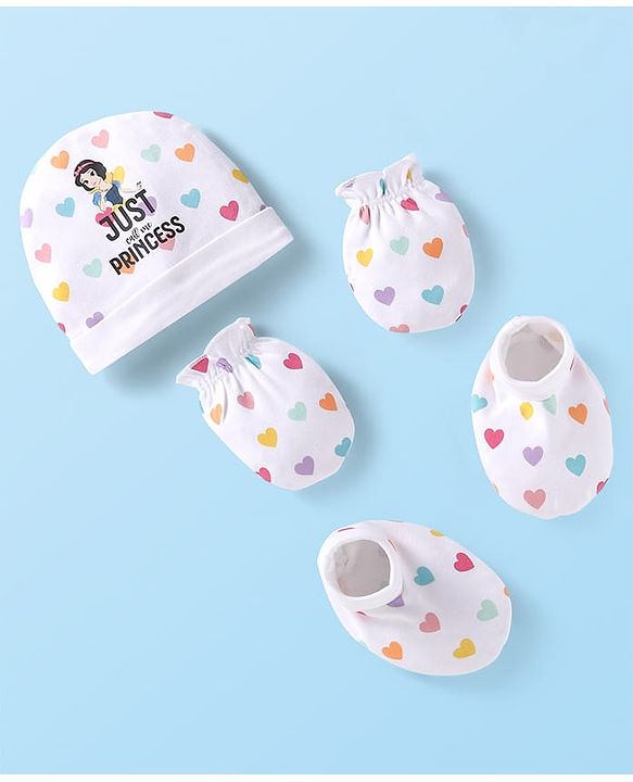 Babyhug Disney Interlock Knit Caps Mittens & Booties Set with Snow White Graphic - White