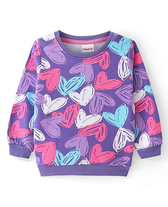 Babyhug Cotton Knit Full Sleeves Sweatshirt with Heart Print - Purple