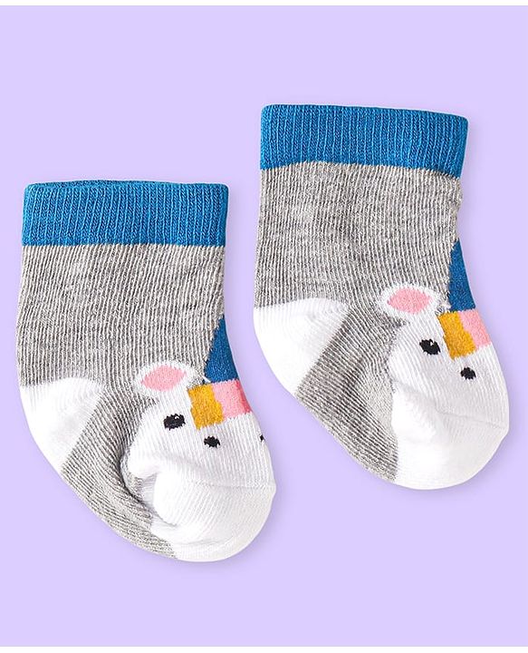 Cute Walk by Babyhug Knit Ankle Length Antibacterial Socks with Bear Design & Stripes Pack of 3 - White & Grey